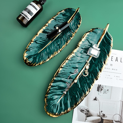 Luxury Ceramic Platter Storage Tray with Glod Rim Green Leaf Glod Feather Jewelry Makeup Brush Storage Decorative Sushi Plate ► Photo 1/6