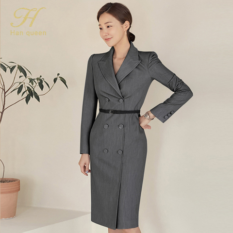 H Han Queen Korean Elegant OL Pencil Dress Suit Collar Double Breasted Women Autumn Sheath Bodycon Dresses Party Vestidos ► Photo 1/6