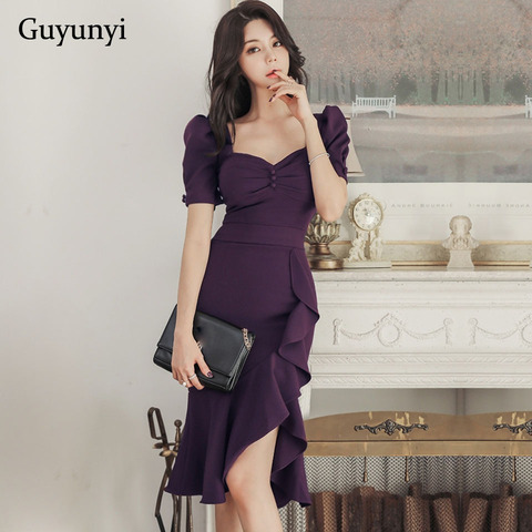 Plain Color Tight Elegant Party Dress 2022 Spring High Waist Slim Small Sexy Asymmetric Ruffle Women's Business Office Dress ► Photo 1/6
