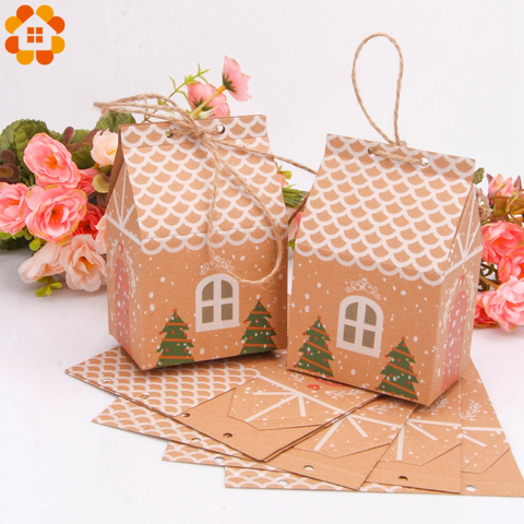 1set House Shape Christmas Candy Gift Bags With Ropes Xmas Tree Cookie Bags Merry Christmas Guests Packaging Boxes Party Decor ► Photo 1/6