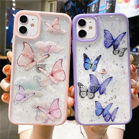 Gorgeous Clear Glitter Epoxy Butterfly Shockproof Phone Case For iPhone 12 Mini 11 Pro Max XS Max XR X 6s 7 8 Plus SE Cute Shell ► Photo 1/6