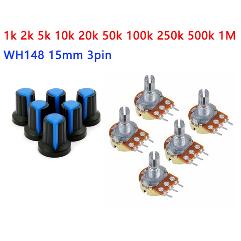 5pcs/lot  WH148 Blue Kit Carbon Film Potentiometer 15mm 3pin B1K 2K 5K 10K 20K 50K 100K 250K 500K 1M Rotary Switch Knob Cap ► Photo 1/5