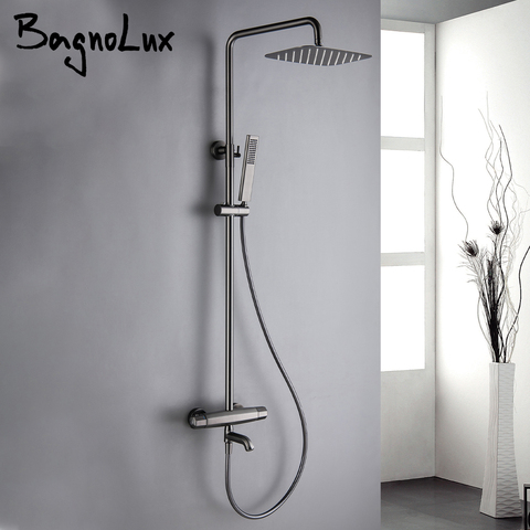 Bagnolux Gray Brass Thermostatic Three Functions Bathtub Diverter Mixer Tap Multifunction Hand Held Shower Head Bathroom Faucet ► Photo 1/6