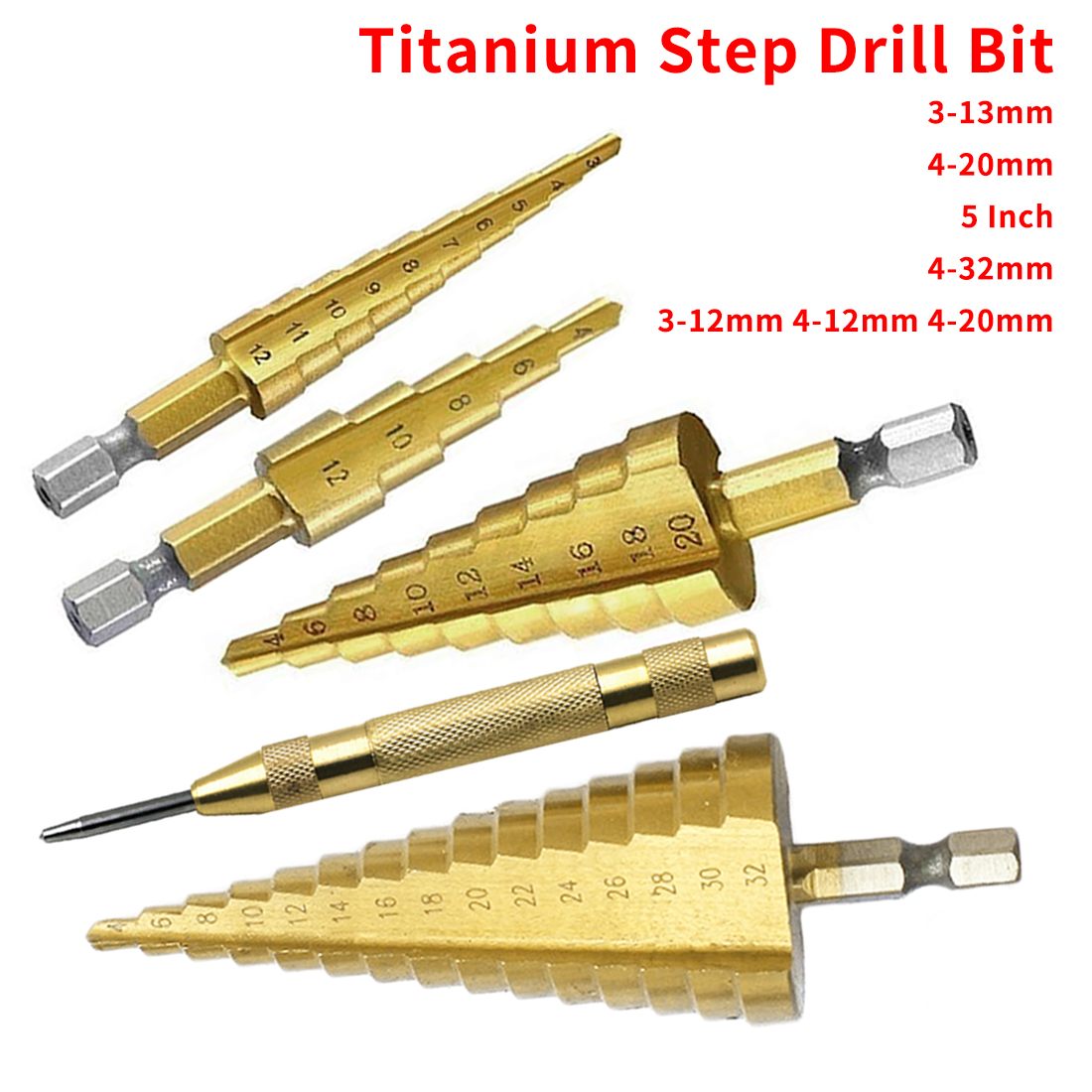 4-12mm 4-20mm 4-32mm HSS Step Cone Golden Drill Bit Hex Shank Hole Cutters NEW