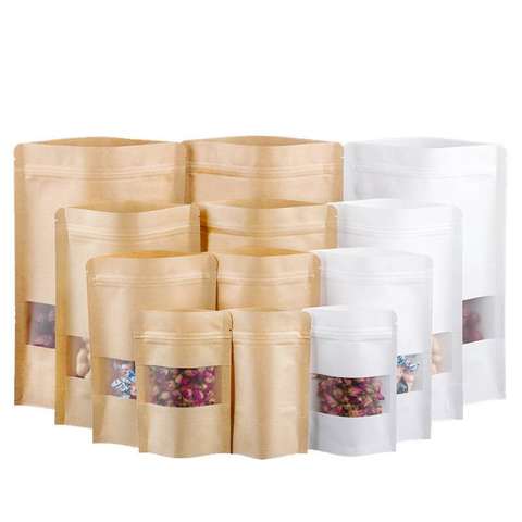 50pcs Reusable Kraft Paper Bag with Frosted Window Stand Up Pouches Food Packaging Bag Ziplock Bag with Tear Notch ► Photo 1/6