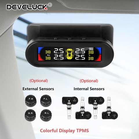 Develuck Universal Car TPMS Wireless Tire Pressure Temperature Alarm Monitoring System Solar Power Charge tpms Four Sensors ► Photo 1/6