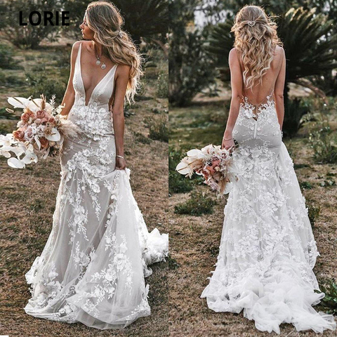 LORIE Vintage Mermaid Wedding Dresses 2022 V-neck Backless Lace Appliques 3D Flowers Country Bridal Gown Plus Size Custom Made ► Photo 1/6