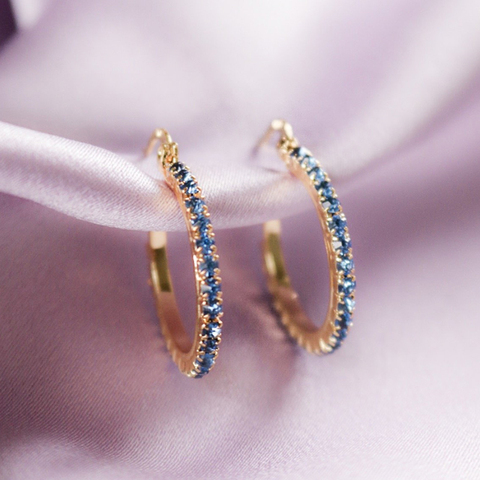 Huitan Gorgeous Women Hoop Earring Gold Color with Deep Blue Cubic Zirconia Noble Lady Wedding Party Daily Wear Fashion Jewelry ► Photo 1/2