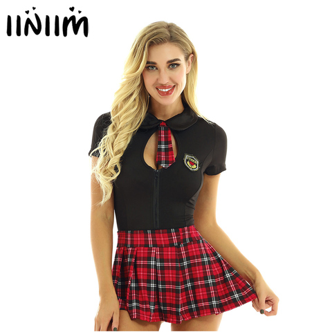 Women Adutls School Girls Students Cosplay Sexy Costume Clubwear Turn-down Collar Back Top Plaid Pleated Mini Skirt with Thong ► Photo 1/6
