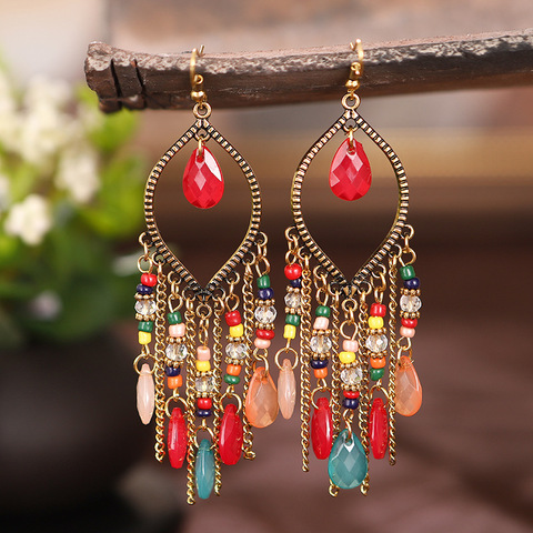 Classic Vintage Women's Corful Crystal Beads Long Tassel Earrings 2022 Fashion Jewelry Bohemia Wedding Earrings Hangers ► Photo 1/6