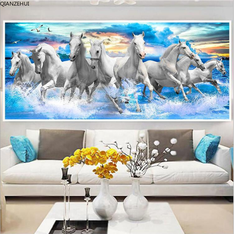 QIANZEHUI,DIY Diamond Embroidery,Round Diamond Living room,white horse,eight horse Full rhinestone Diamond painting cross stitch ► Photo 1/5