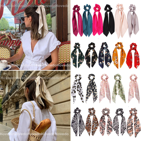 Fashion Print Scrunchies Solid Color Stain Long Hair Ribbon for Women Ponytail Scarf Sweet Elastic Hair Band Hair Accessories ► Photo 1/6