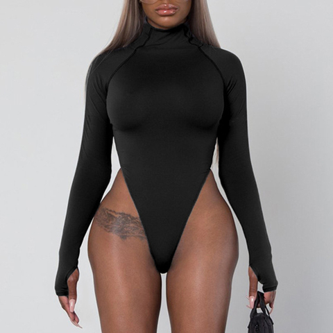 long sleeve bodysuit 2022 high neck sexy bodycon women high leg slim fit body suit in black green orange ► Photo 1/6