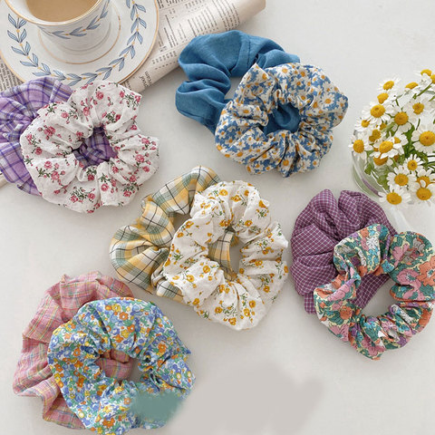 Women Floral Plaid Hair Scrunchies Vintage Wild Hair Ring Elastic Rubber Band Girls Fashion Ponytail Scrunchie Hair Accessories ► Photo 1/6