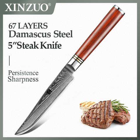 XINZUO 5'' inches Steak Knife Japanese Damascus Steel Kitchen Knife Stainless Steel Lasting Sharp Blade Knives Rosewood Handle ► Photo 1/1