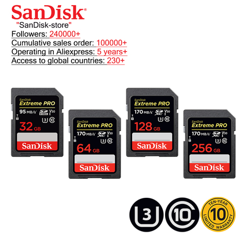 SanDisk Memory Card Extreme Pro SDHC/SDXC SD Card 32GB 64GB 128GB 256GB C10 U3 V30 UHS-I cartao de memoria Flash Card for Camera ► Photo 1/5