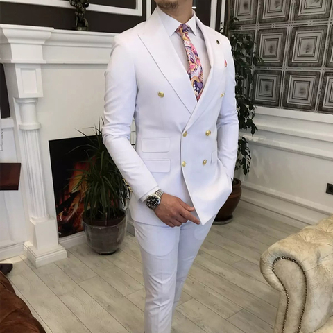 Double Breasted White Men Suits with Peaked Lapel Slim fit 2 piece Wedding Tuxedo Man Fashion Male Prom Costume Jacket Pants ► Photo 1/6