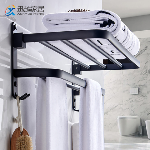 Punch Free Matte Black Aluminum Wall Mounted Folding Hook Towel Holder Rack Bathroom Organizer Accessories 00TR0101 Shelves ► Photo 1/6