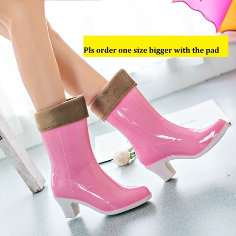 2022 Fashion High Heeled Rain boots Female Adult Mid-tube Waterproof Rubber shoes ladies non-slip Galoshes Light Candy Colors ► Photo 1/6