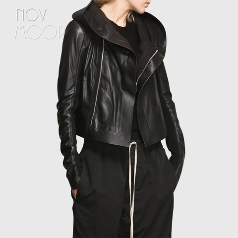 Black genuine leather coat women sleek sheepskin hooded motorcycle jacket elasticized rib knit panel at sleeves croped LT793 ► Photo 1/6