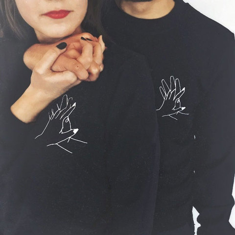 High Quality Sweashirt Men Women Couple Hoodies Spring Autumn Black Graphic Lover's Interlocking Fingers Hand Print Pullovers ► Photo 1/1