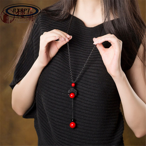 BYSPT Man-made Knotted  Red Stone Beads Stone Long Tassel Retro Ethnic Beaded Necklace Sweater Chains ► Photo 1/6