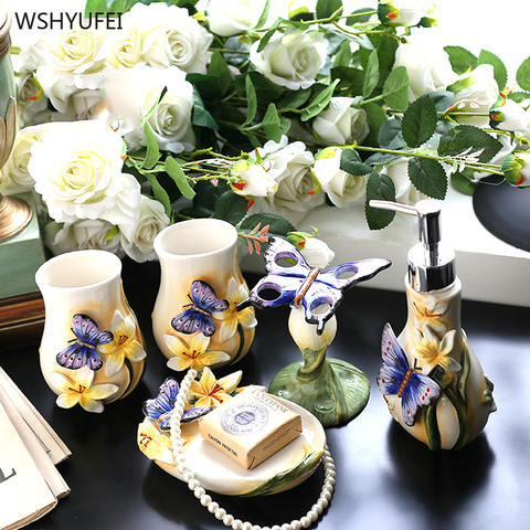 5Pcs European stereo butterfly flower ceramic bathroom wash kit mouth cup toothbrush holder soap bottle soap dish home wash set ► Photo 1/5