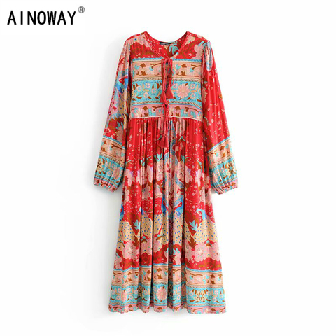 Vintage chic women  tassel red floral print beach long Bohemian  Maxi dress Ladies rayon cotton pleated Boho dress vestidos ► Photo 1/6