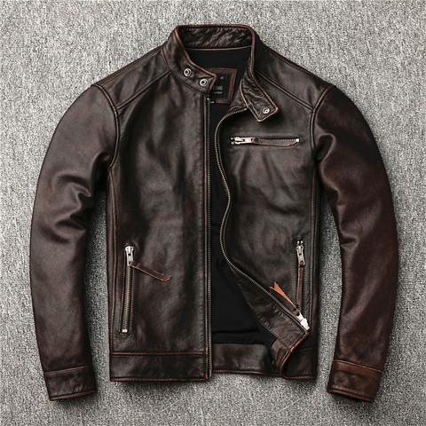 Free shipping.classic motor style,vintage genuine leather Jacket,fashion men brown Leather coat,street biker coat,sales ► Photo 1/6