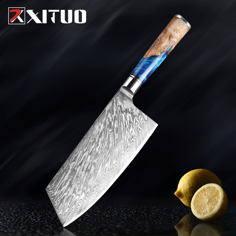 XITUO 67 Layers Japanese Damascus Steel VG10 Chef Knife Cleaver Kitchen Knife Blue Resin Color Wood Handle Home Cooking Tools ► Photo 1/1