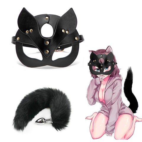 BLACKWOLF Cosplay Fox Mask Tail Anal Plug Metal Anus Bead Butt Plug Half Cat Mask Party Sexy Adult Stimulator Sex Toys for Women ► Photo 1/6