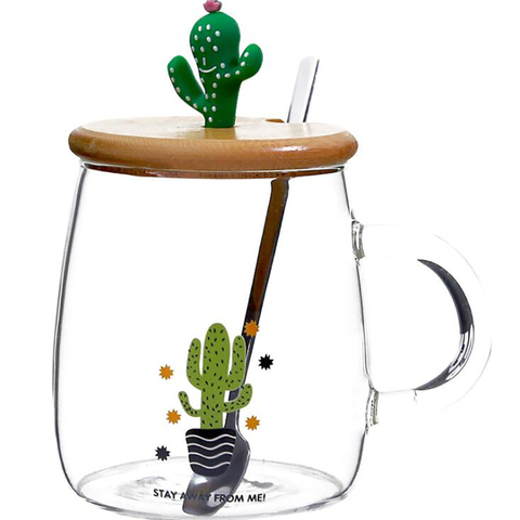 Cute Cactus Tea Mug with Wooden Lid and Spoon Borosilicate Glass Coffee Mug 450ml Clear Drinking Cup for Fruit Juice, Coffee Tea ► Photo 1/6