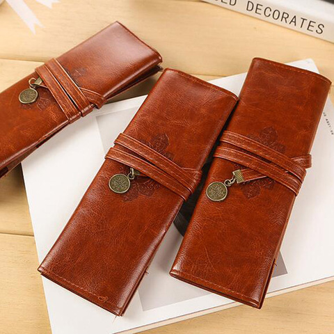 luxury quality 1PCS PU Leather Creative Retro Pencil Cases Roll Pen Bag Pouch Stationery Office School Supplies Cosmetic Bag ► Photo 1/6