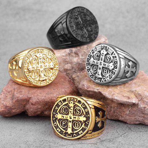 Saint Benedict Cspb Gold Black Cross Men Rings Punk Hip Hop for Boyfriend Male Stainless Steel Jewelry Creativity Gift Wholesale ► Photo 1/6