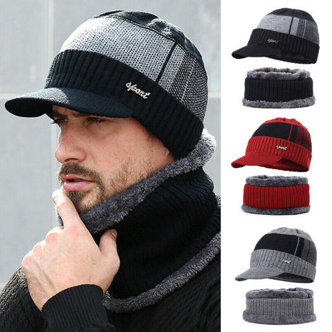 Men Warm fleece visor + Soft Scarf Two-Piece Set Winter Thicken Hat Male Windproof Knitting Caps Neck Warmer ► Photo 1/6