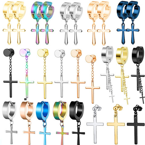 2PCS Stainless Steel No Piercing Cross Earring For Men Kpop Clip On Cross Earring Gothic Punk Fake Ear Cuff Cross Earring Dangle ► Photo 1/6