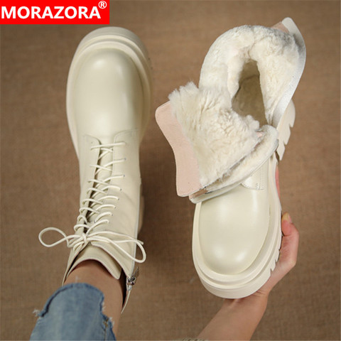 MORAZORA 2022 Big Size 34-42 Winter Ankle Boots Fashion Lace Up Keep Warm Women Boots Genuine Leather Boots Black Rice White ► Photo 1/6