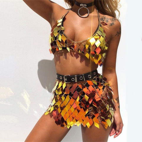 Glisten Rhombic Sequins Two Piece Set Hollow Out Metal Chain Crop Tops Sexy Mini Skirt Summer Rave Festival Lady Outfits ► Photo 1/6