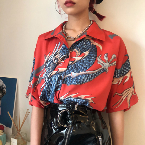 2022 Summer Spring Women Blouses BF stylle oversize shirts Harajuku Tops Dragon Print Short Sleeve Shirts Female Streetwear ► Photo 1/6