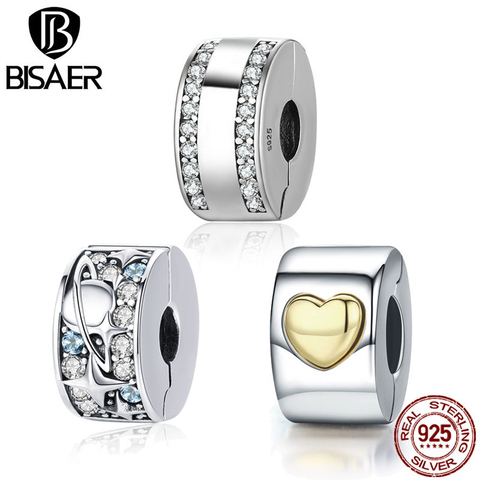 BISAER Authentic 925 Sterling Silver Stopper Clip Heart Star Charm Clear CZ Beads fit Charm Silver 925 Bracelet Jewelry Making ► Photo 1/6