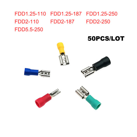 50pcs Female insulated crimp terminals FDD1.25-110~5.5-250 2.8/4.75/6.3mm Electric wiring terminales connector cable 22-10A.W.G ► Photo 1/6