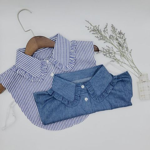 Minimalist Stripes Denim Women Detachable Lapel Fake Collar Cute Doll Ruffles Lace Splicing Button Down False Half Shirt Blouse ► Photo 1/5