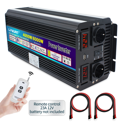 wireless control Car/Home 8000W Peak 12V/24V DC to 220V-240V Dual LED Display Modified sine wave AC Double Socket power inverter ► Photo 1/6