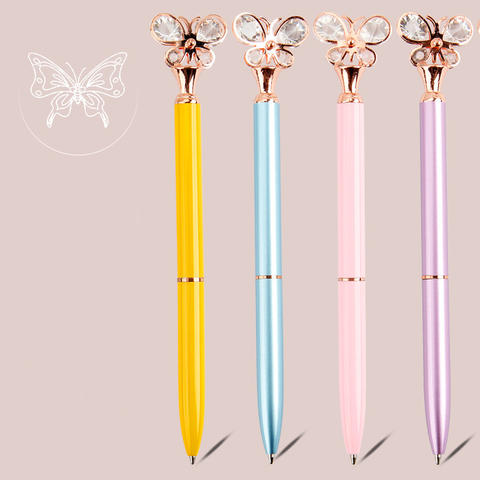 1 PCS Glass Butterfly School Pen 1 mm Bullet Point Metal Ballpoint Pen Spare Black Writing Pen For Student Rose Gold Stationery ► Photo 1/6