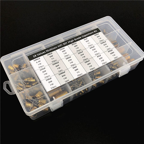 18 Values Nichicon FW/FG HiFi DIY High Grade Audio capacitor assorted kit box assortment 6.3V~100V, 10uF~3300uF total 241pcs ► Photo 1/4