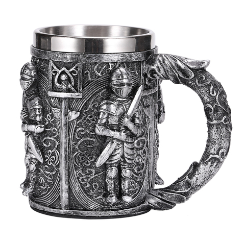 Medieval Warrior Resin Stainless Steel Beer Mug Knight Stein Retro Tankard Creative Coffee Cup Viking Tea Mug Pub Bar Decoration ► Photo 1/6