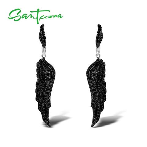 SANTUZZA Silver Earrings For Women Pure 925 Sterling Silver Black Spinel Angel's Wing Elegant brincos Dangling Fine Jewelry ► Photo 1/6