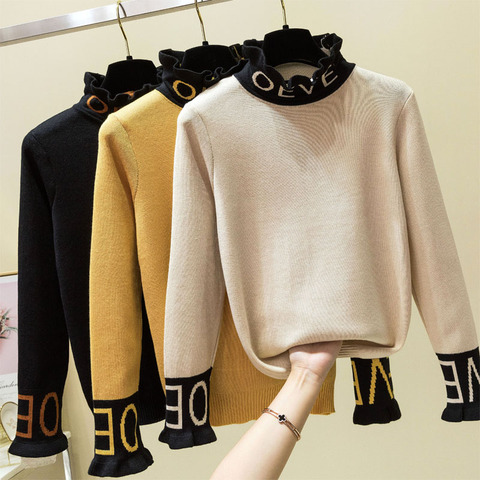 Autumn Winter Embroidery Turtleneck Sweater Women Long Sleeve Knit Pullover Sweater 