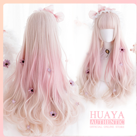 HUAYA Ombre Pink Color Lolita Long Wavy Curly Wigs With Bangs Cute Girl Daily Party Cosplay Wig  Heat Resistant Fiber Synthetic ► Photo 1/6
