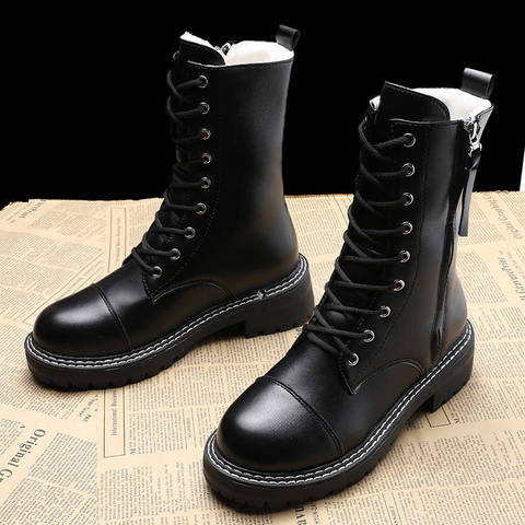 High Quality Pu Leather Women Mid-calf Boots Rubber Fashion Waterproof Ladies Platform Boots Solid New Arrival Women Flat Boots ► Photo 1/6